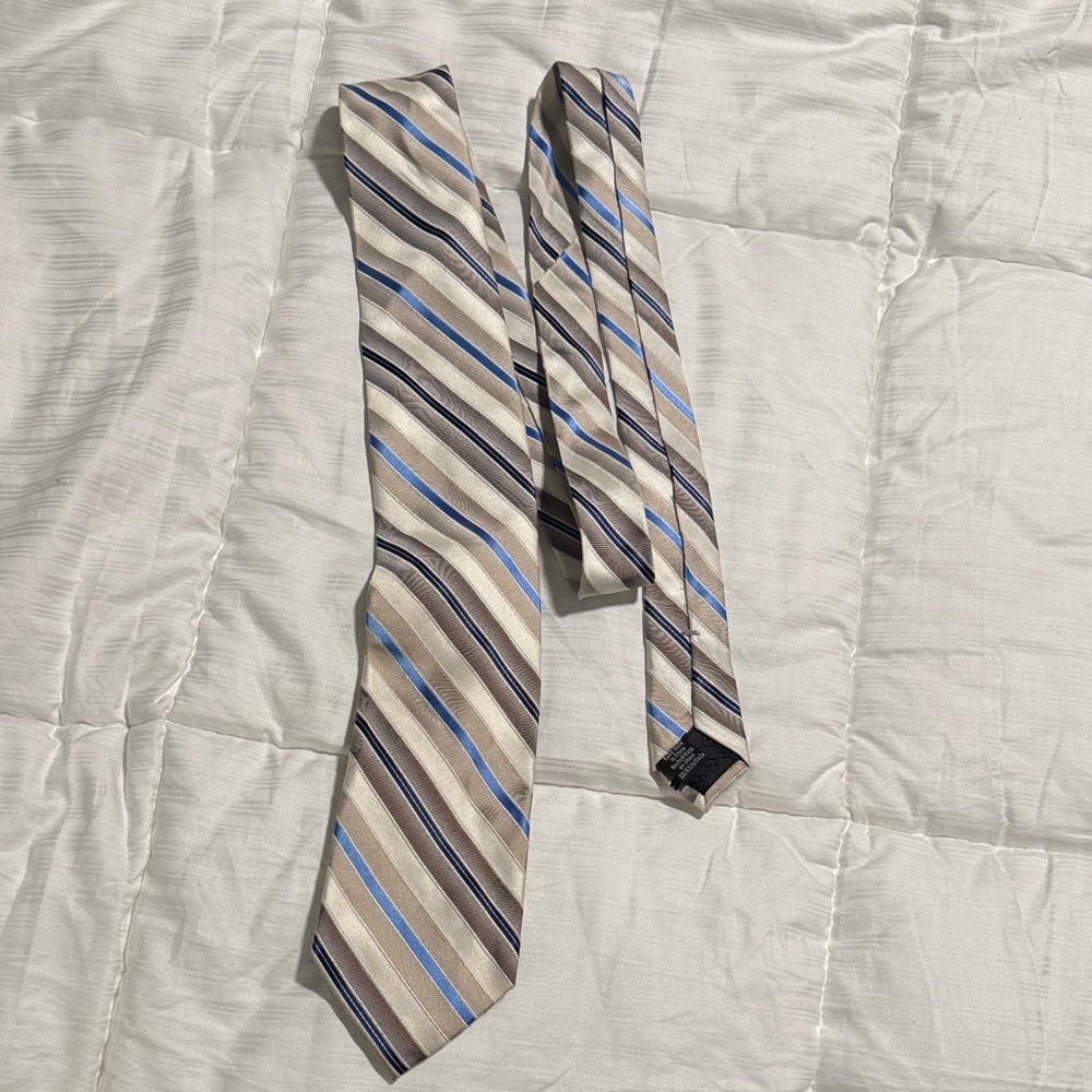 Perry Ellis Beige and Blue Striped Tie